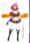  1girl ahoge alcohol apron bare_shoulders beer blue_eyes blush boots bow braid breasts cleavage corset cross-laced_footwear cup detached_sleeves dress fate/extra fate/grand_order fate_(series) francis_drake_(fate) frilled_dress frilled_sleeves frills full_body hair_bow high_heel_boots high_heels holding holding_cup knee_boots lace-up_boots large_breasts long_hair looking_at_viewer maid maid_apron maid_headdress open_mouth pantyhose pink_hair red_dress scar short_dress simple_background single_braid smile solo standing white_background white_legwear yang-do 