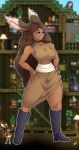  2019 anthro big_breasts boots breasts clothed clothing digital_media_(artwork) dress eyewear female footwear fur glasses hair hands_on_hips humanoid lagomorph leporid long_hair mammal mocha pixel rabbit simple_background smile solo standing standing_tough starbound teeth video_games 