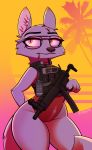  2019 absurd_res anthro arctic_fox bulletproof_vest canid canine cheek_tuft clothed clothing disney elbow_tufts english_text eyewear female fox glasses gun head_tuft hi_res holding_gun holding_object holding_weapon mammal match mouth_hold mp5 one-piece_swimsuit palm_tree radio ranged_weapon signature skye_(zootopia) smoke_grenade solo standing submachine_gun sun swimwear text thick_thighs tree trigger_discipline tuft vaporwave weapon yitexity zootopia 