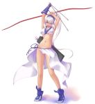  1girl arrow blue_eyes blue_gloves bow_(weapon) breasts dark_skin flower gloves hairband highres kirishima_satoshi long_hair majikina_mina open_mouth ponytail quiver samurai_spirits sarong sideboob single_glove snk solo tabi underboob weapon white_hair 