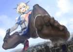  1girl blonde_hair blue_capelet blue_eyes blue_neckwear braid breasts capelet city colorado_(kantai_collection) destruction ebizome elbow_gloves french_braid from_below garrison_cap giantess gloves grey_gloves grey_headwear hand_on_own_knee hat high_heels kantai_collection looking_at_viewer medium_breasts no_shoes open_mouth outdoors pantyhose red_footwear shoes short_hair sideboob single_shoe size_difference smoke soles solo toes 