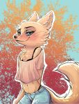  2019 anthro arctic_fox blue_background blue_eyes blush bottomwear canid canine cheek_tuft chest_tuft clothed clothing crop_top disney female fox head_tuft hi_res jeans juantriforce042 mammal outline pants shirt signature simple_background skye_(zootopia) smile solo topwear tuft white_outline zootopia 