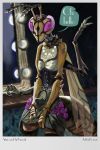  2019 actini anthro arthropod clothed clothing crossdressing detailed_background digital_media_(artwork) drawain english_text fingers hi_res hymenopteran insect insect_wings looking_at_viewer male solo text wasp wings 