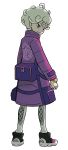  1boy absurdres ahoge artist_request bangs bede_(pokemon) closed_mouth from_behind full_body green_hair green_legwear highres leggings long_sleeves looking_at_viewer looking_back male_focus official_art outline pokemon pokemon_(game) pokemon_swsh pouch purple_coat purple_eyes shoes short_hair smile solo standing transparent_background trench_coat watch white_outline wristwatch 