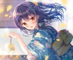  1girl azur_lane bangs blue_hair blue_kimono blue_ribbon blurry blurry_background blush bow brown_eyes character_request commentary_request depth_of_field eyebrows_visible_through_hair floral_print flower hair_between_eyes hair_flower hair_ornament hair_ribbon holding japanese_clothes kimono long_hair looking_at_viewer looking_to_the_side obi print_kimono ribbon sash short_sleeves solo sousouman upper_body wide_sleeves x_hair_ornament yellow_bow yellow_flower 