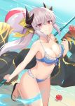  100 1girl absurdres ball bangs bare_shoulders beach beachball bikini black_kimono blue_bikini blush bow breasts cleavage closed_mouth collarbone dragon_girl dragon_horns fate/grand_order fate_(series) flower grey_hair hair_between_eyes hair_bow hair_ornament hibiscus highres horns japanese_clothes kimono kimono_removed kiyohime_(fate/grand_order) kiyohime_(swimsuit_lancer)_(fate) long_hair looking_at_viewer medium_breasts navel polearm ponytail red_eyes sandals sidelocks smile solo swimsuit thighs weapon yellow_bow 