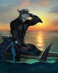  anthro clothed clothing fish hair hi_res male marine muscular muscular_male nastywolf613 nikita_akulov_(nika_sharkeh) outside partially_submerged shark solo surfboard wetsuit 