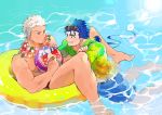  2boys archer blue_hair blush chest earrings fate/grand_order fate_(series) highres jewelry lancer long_hair male_focus multiple_boys muscle pectorals ponytail pool red_eyes smile swimming swimsuit thighs ueki1230 white_hair yaoi 