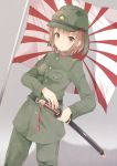  1girl belt breast_pocket breasts brown_eyes brown_hair buttons cowboy_shot flag hat highres holding holding_weapon imperial_japanese_army katana looking_at_viewer medium_breasts military military_uniform pants pocket rising_sun shadow star sunburst sword uniform weapon 