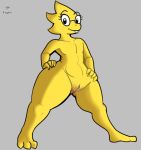  alphys anthro buckteeth clitoris eyewear female flat_chested fourssss freckles glasses hand_on_hip looking_at_viewer nude pussy reptile scalie smile solo teeth thick_thighs undertale video_games wide_hips 