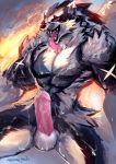  2019 anthro black_fur bodily_fluids cheetahpaws cum cum_covered ejaculation erection front_view fur genital_fluids hi_res humanoid_penis male mammal messy nintendo obstagoon orgasm penis pok&eacute;mon pok&eacute;mon_(species) precum simple_background solo tongue tongue_out video_games 