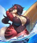  anthro big_breasts breasts canid canine canis clothed clothing female hair huge_breasts looking_at_viewer mammal ocaritna overweight overweight_female purple_hair solo standing surfboard swimwear thick_thighs watermark wet wolf 