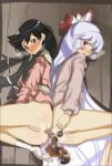  2girls anus ass-to-ass ass_grab bangs black_hair blunt_bangs blush bottomless brown_eyes fujiwara_no_mokou hime_cut houraisan_kaguya long_hair long_sleeves lying multiple_girls on_ground on_side pussy red_eyes scat shadow silver_hair steam sweat very_long_hair white_hair white_legwear 