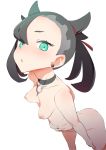  1girl :o aqua_eyes ass black_hair blush breasts choker collarbone earrings furau hair_ribbon hand_on_own_stomach highres jewelry leaning_forward looking_at_viewer marie_(pokemon) necklace nipples nude open_mouth pokemon pokemon_(game) pokemon_swsh ribbon short_twintails simple_background solo twintails white_background 