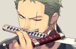  1boy close-up earrings face green_hair jewelry looking_at_viewer male_focus one_piece open_mouth roronoa_zoro scar shironegi_zzz simple_background smile solo sword teeth weapon 