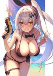  1girl :p bangs bare_shoulders beach bikini black_bikini blush bow bowtie breasts bunny_hair_ornament cleavage cloud cloudy_sky collarbone commentary cowboy_shot crescent crescent_earrings dakunesu detached_collar earrings ears eyebrows_visible_through_hair five-seven_(girls_frontline) five-seven_(gun) front-tie_bikini front-tie_top girls_frontline gun hair_between_eyes hair_ornament handgun high_ponytail highleg highleg_bikini highres holding holding_gun holding_weapon jewelry large_breasts long_hair looking_at_viewer navel ocean outdoors ponytail ribbon side-tie_bikini side-tie_bottom sidelocks silver_hair sky smile solo sparkle swimsuit thigh_ribbon thigh_strap tongue tongue_out trigger_discipline v very_long_hair weapon wet wet_clothes wet_swimsuit yellow_eyes 