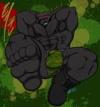  2019 anthro barefoot biceps black_hair body_hair bulge canid canine canis clothed clothing feet green_clothing green_underwear hair hat headgear headwear hi_res hindpaw kaze3481_(artist) male mammal military muscular muscular_male nipples paws pecs penis_outline presenting red_eyes solo spread_legs spreading underwear wolf 