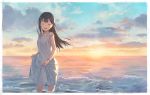  1girl bangs black_hair closed_eyes cloud dress dress_lift facing_viewer lifted_by_self long_hair open_mouth original outdoors shouin solo standing sunset water 