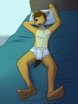  anthro bed briefs bulge canid canine canis clothed clothing coyote fuze hi_res lying male mammal mond_reyes navel nipples on_back on_bed sleeping solo texnatsu tighty_whities topless underwear 