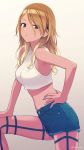  1girl agata_(agatha) armpits bangs bare_shoulders black_eyes blonde_hair blush breasts brown_hair crop_top dark_skin denim denim_shorts earrings gradient gradient_background gradient_hair gyaru hair_between_eyes hand_on_hip highres hoop_earrings idolmaster idolmaster_shiny_colors izumi_mei jewelry long_hair looking_at_viewer medium_breasts midriff multicolored_hair shirt short_shorts shorts sleeveless sleeveless_shirt solo tank_top thigh_strap thighs white_shirt 