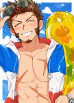  1boy beard blue_eyes blush brown_hair chest closed_eyes cloud cloudy_sky commentary_request facial_hair fate/grand_order fate_(series) french_flag glasses looking_at_viewer male_focus napoleon_bonaparte_(fate/grand_order) open_clothes pectorals scar shitappa sky solo teeth water_drop 