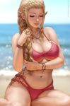  1girl artist_name beach bikini blonde_hair blurry blurry_background bracelet braid braided_ponytail breasts cleavage closed_eyes commentary crown_braid depth_of_field ear_piercing earrings elf english_commentary eyelashes hair_over_shoulder hand_tattoo highres holding holding_hair jewelry large_breasts lips multi-strapped_bikini myra_(sciamano240) necklace nose ocean original piercing pointy_ears ring sciamano240 sitting solo swimsuit tattoo wariza 