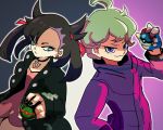  1boy 1girl ahoge beet_(pokemon) black_jacket choker closed_mouth curly_hair dress dusk_ball great_ball green_eyes green_hair jacket marie_(pokemon) multicolored multicolored_background outline pink_dress poke_ball pokemon pokemon_(game) pokemon_swsh purple_eyes purple_jacket simple_background smile tofu_(tttto_f) twintails white_outline 