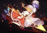  2girls absurdres ascot bangs bat_wings black_background blonde_hair blue_hair bow crystal detached_wings dress flandre_scarlet frills hat hat_ribbon high_heels highres holding holding_spear holding_weapon left-handed long_hair looking_at_viewer mob_cap multiple_girls one_side_up petals polearm profile puffy_short_sleeves puffy_sleeves red_bow red_eyes red_footwear red_ribbon red_sash red_skirt red_vest remilia_scarlet reverse_grip ribbon rlonely_zhuazi rose_petals sash shirt short_hair short_sleeves siblings simple_background sisters skirt skirt_set socks spear spear_the_gungnir touhou vest weapon white_bow white_dress white_footwear white_headwear white_legwear white_shirt wings wrist_cuffs yellow_bow yellow_neckwear 
