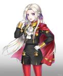  1girl blonde_hair cape edelgard_von_hresvelg fire_emblem fire_emblem:_three_houses gloves gradient gradient_background hair_ribbon highres long_hair long_sleeves open_mouth purple_eyes red_cape red_legwear ribbon shirakawaillust simple_background solo uniform very_long_hair white_gloves 