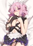  1girl apron bare_shoulders black_dress black_gloves blush breasts cleavage commentary_request dress elbow_gloves eyebrows_visible_through_hair eyes_visible_through_hair fate/grand_order fate_(series) gloves hair_between_eyes hair_over_one_eye highres large_breasts lavender_hair looking_at_viewer lying maid_headdress mash_kyrielight on_back parted_lips purple_eyes purple_hair short_hair single_glove solo torn_apron torn_clothes torn_dress torn_gloves white_apron yang-do 
