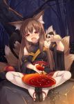  1girl alcohol animal_ears bangs blush brown_eyes brown_hair cover_image detached_sleeves eyebrows_visible_through_hair fang feet_together forest fox_ears fox_tail full-face_blush highres japanese_clothes long_hair looking_at_viewer multiple_tails nature night open_mouth original pleated_skirt pouring roshin sake sandals sitting skirt solo tail thighhighs tokkuri white_background 