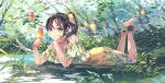 1girl bangs bare_shoulders bf._(sogogiching) bird black_hair day earrings green_eyes head_on_hand jewelry long_hair looking_at_viewer lying necklace off_shoulder on_stomach original outdoors ponytail sandals skirt smile solo tree water 