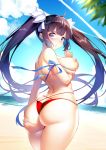  1girl :o absurdres ahoge areolae arm_ribbon arm_under_breasts ass back bangs bare_shoulders beach bikini black_hair blue_eyes blue_ribbon blue_sky blunt_bangs blush breasts cloud commentary_request condensation_trail cowboy_shot day deep_skin dungeon_ni_deai_wo_motomeru_no_wa_machigatteiru_darou_ka eyebrows_visible_through_hair fingernails from_behind grabbing_own_thigh guohua hair_ribbon hestia_(danmachi) highres large_breasts long_hair looking_at_viewer looking_back multi-strapped_bikini nipples ocean open_mouth outdoors palm_tree red_bikini rei_no_himo ribbon sand shiny shiny_hair shiny_skin shoulder_blades sideboob sidelocks skindentation sky solo swimsuit thigh_grab thighs topless tree twintails very_long_hair water 