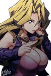 1girl 2019 bare_shoulders blonde_hair breasts card cleavage dated earrings half-closed_eyes highres ikeshita_moyuko jacket jewelry kujaku_mai large_breasts long_hair long_sleeves off_shoulder open_clothes open_mouth purple_eyes smile solo upper_body yuu-gi-ou 