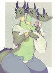  anthro big_breasts black_sclera blue_eyes breasts clothing doremi female green_eyes hi_res horn hydra jewelry long_tongue multi_head non-mammal_breasts pink_eyes reptile scalie solo tongue tongue_out vongulli wide_hips 
