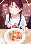  1girl aida_rikako alternate_hairstyle bangs birthday braid character_name commentary_request dated eating fork happy_birthday heart kitahara_tomoe_(kitahara_koubou) long_hair looking_at_viewer love_live! love_live!_sunshine!! musical_note plate product_placement red_hair sakurauchi_riko seiyuu_connection shirt short_sleeves solo spoon t-shirt table treble_clef twin_braids wendy&#039;s yellow_eyes 