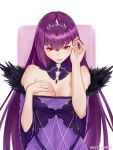  1girl absurdres bangs breasts cleavage dress fate/grand_order fate_(series) feather_trim fur_trim hair_between_eyes hair_tucking hand_on_own_chest headpiece highres large_breasts light_blush lips purple_dress purple_hair red_eyes scathach_(fate)_(all) scathach_skadi_(fate/grand_order) solo tiara uthspsk wide_sleeves 