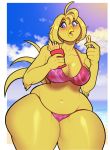  anthro avian bikini bird breasts clothed clothing eating female hi_res open_mouth outside porin slightly_chubby solo standing swimwear thick_thighs wide_hips 