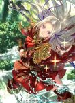  1girl axe black_gloves blonde_hair closed_mouth company_name copyright_name edelgard_von_hresvelg fire_emblem fire_emblem:_three_houses fire_emblem_cipher gloves hair_ribbon holding holding_axe long_hair official_art purple_eyes ribbon smile solo suzuki_rika water 