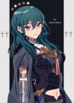  1girl blue_eyes blue_hair byleth_(fire_emblem) byleth_(fire_emblem)_(female) cape closed_mouth dagger fire_emblem fire_emblem:_three_houses medium_hair pikapika_hoppe sheath sheathed solo upper_body weapon 