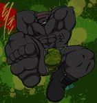  2019 anthro barefoot biceps black_hair bulge canid canine canis clothed clothing feet green_clothing green_underwear hair hat headgear headwear hi_res hindpaw kaze3481_(artist) male mammal military muscular muscular_male nipples paws pecs penis_outline presenting red_eyes solo spread_legs spreading underwear wolf 