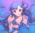  1girl :o asari_nanami bangs bare_shoulders bikini blue_background blue_bikini blue_eyes blue_hair blush breasts bubble cleavage collarbone commentary_request fish_hair_ornament hair_ornament highres idolmaster idolmaster_cinderella_girls long_hair looking_at_viewer naijow navel open_mouth simple_background small_breasts solo swimsuit twintails upper_teeth 