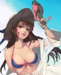  bare_shoulders blue_sky breasts brown_eyes brown_hair cloud cloudy_sky collarbone d.va_(overwatch) facial_mark gun handgun hat highres holding holding_gun holding_weapon jam_(nandade) keychain long_hair outdoors overwatch pistol see-through sky tongue tongue_out weapon 