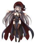  1girl :d bangs barbariank bare_shoulders belt breasts brown_eyes brown_legwear commentary covered_nipples draph english_commentary full_body garter_straps granblue_fantasy grey_hair hair_between_eyes hair_spread_out hat highres horns large_breasts long_hair looking_at_viewer magisa_(granblue_fantasy) open_mouth outstretched_arms pelvic_curtain pointy_ears revealing_clothes shoes simple_background smile solo spread_arms striped thighhighs vertical_stripes very_long_hair white_background witch_hat 