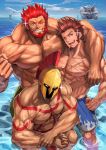  3boys abs bara beard blue_eyes breast_tattoo brown_hair chest commentary_request dai-xt facial_hair fate/grand_order fate_(series) flexing hand_on_hip helmet ivan_the_terrible_(fate/grand_order) leonidas_(fate/grand_order) looking_at_viewer male_focus manly multiple_boys muscle napoleon_bonaparte_(fate/grand_order) no_nipples ocean one_eye_closed pants pectorals pose rider_(fate/zero) scar shorts smile swimsuit tattoo 