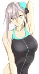  1girl arm_behind_head arm_up armpits asymmetrical_hair bangs bare_shoulders black_ribbon black_swimsuit blue_eyes blue_swimsuit blush breasts bun_cover closed_mouth collarbone fate/grand_order fate_(series) hair_bun hair_ribbon hashimoto_(frog_flag) highleg highleg_swimsuit highres large_breasts long_hair looking_at_viewer miyamoto_musashi_(fate/grand_order) one-piece_swimsuit pink_hair ribbon simple_background solo swept_bangs swimsuit white_background 