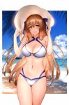  1girl beach bikini blue_ribbon border breasts brown_hair cleavage cloud cloudy_sky copyright_name cowboy_shot girls_frontline green_eyes hair_between_eyes hat highres large_breasts looking_at_viewer m1903_springfield_(girls_frontline) navel ocean palms ribbon shoukaki_(earthean) signature sky smile solo sun_hat swimsuit two-tone_bikini white_bikini white_border 