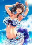  1girl :d aqua_nails arm_garter armpits arms_up bangs bare_shoulders belt black_hair blue_eyes blue_panties blue_ribbon blue_sky blush breasts chain_necklace cleavage cloud collarbone commentary_request cowboy_shot day eyebrows_visible_through_hair groin hair_between_eyes hair_ornament hair_ribbon hairband heart heart_necklace highleg highleg_panties highres idolmaster idolmaster_cinderella_girls idolmaster_cinderella_girls_starlight_stage large_breasts layered_skirt long_hair looking_at_viewer miniskirt navel nohito open_mouth outdoors panties ribbon sagisawa_fumika sidelocks skindentation skirt sky smile solo star star_hair_ornament stomach toned underwear wavy_hair white_skirt 