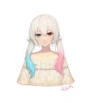  1girl bare_shoulders blue_eyes blue_hair blush face hair_between_eyes heterochromia jam_(nandade) multicolored multicolored_hair original pink_hair red_eyes signature simple_background smile solo tied_hair twintails white_background white_hair 