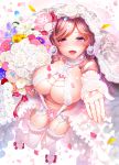  1girl :d bangs blue_flower blush botan_mochito bouquet bow bow_panties breasts bridal_veil bride brown_hair choker cleavage detached_sleeves diamond_(gemstone) dress earrings flower frills garter_belt garter_straps glint heart heart-shaped_pupils highres holding holding_bouquet jewelry large_breasts long_hair looking_at_viewer necklace open_mouth original panties pearl_necklace pink_flower pink_rose purple_eyes reaching_out red_flower red_rose revealing_clothes ring rose sapphire_(gemstone) sidelocks skindentation smile solo swept_bangs symbol-shaped_pupils thighhighs underwear veil very_long_hair wedding wedding_dress wedding_ring white_dress white_flower white_footwear white_garter_belt white_legwear white_panties white_rose yellow_flower 